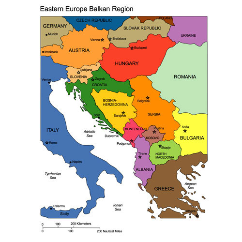 Eastern Europe Balkan Region, printable, map, Adriatic Sea, Albania, North Macedonia, Serbia, Bosnia-Herzegovina, Croatia, Slovenia, Hungary, Montenegro, Kosovo,Countries, with names. Printable, royalty-free, jpg format. Right-click to Download.