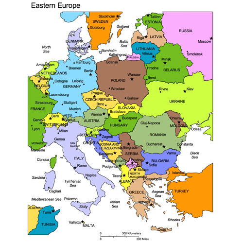 Eastern European Landscape and Portrait Regional Clip Art Map, Countries, Names. Editable in PowerPoint and Adobe Illustrator, plus JPG version