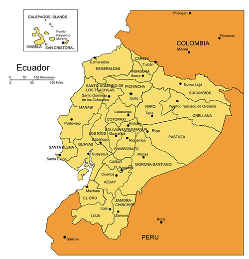 Ecuador, Country Map, Capital City, Names. Editable in PowerPoint and Adobe Illustrator, plus JPG