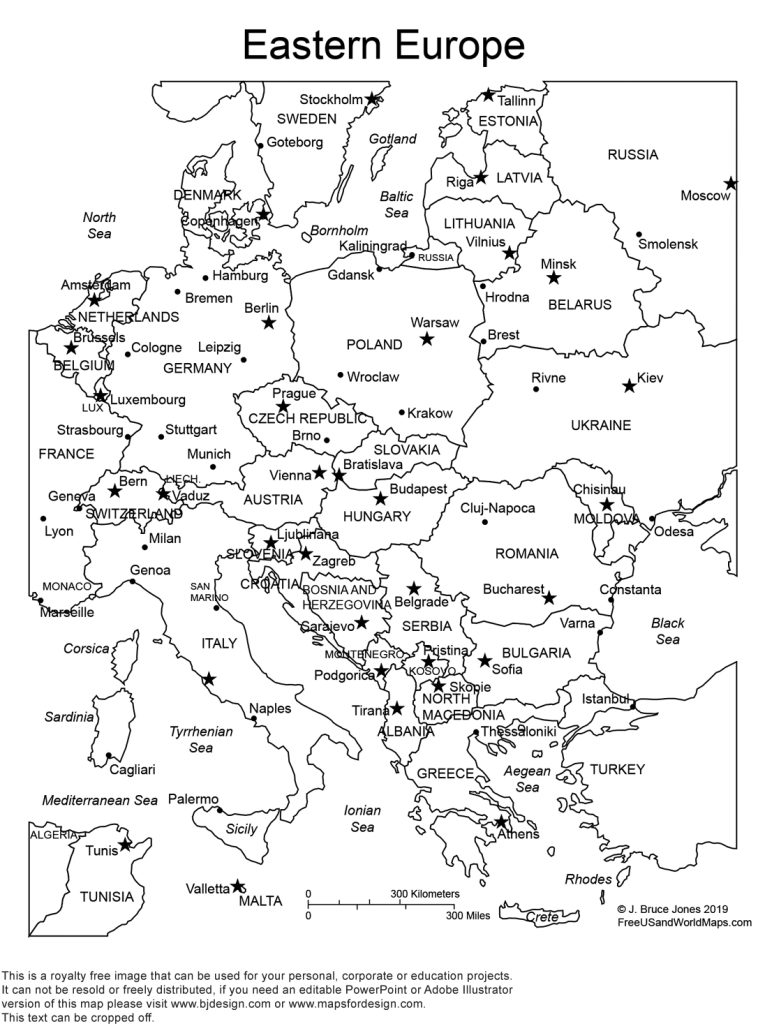 Eastern Europe Printable Blank Map, Country borders and names, jpg format, This map can be printed out to make an 8.5 x 11 blank: Greece, Bulgaria, Romania, Italy, Albania, Kosoyo, Servia, Bosnia and Herzegovina, Slovenia, Hungary, Slovakia, Czech Republic, Poland, Ukraine, Belarus, Germany, Austria, Switzerland, Montenegro, Sicily. Royalty-Free.