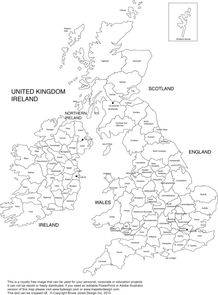 Royalty Free, Printable, Blank, United Kingdom, England, UK, Great Britain, Wales, Scotland, Northern Ireland, Blank Map with administrative district borders, county name, jpg format.This map can be printed out to make an 8.5 x 11 printable map. Capital is London