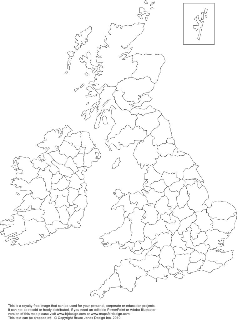Royalty Free Printable, Blank, no text, United Kingdom, England, UK, Great Britain, Wales, Scotland, Northern Ireland, Blank Map with administrative district borders, jpg format.This map can be printed out to make an 8.5 x 11 printable map.
