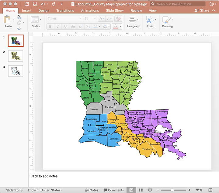 Detailed PowerPoint Louisiana County Map, Build a Sales Region. Easy to Edit and Customize
