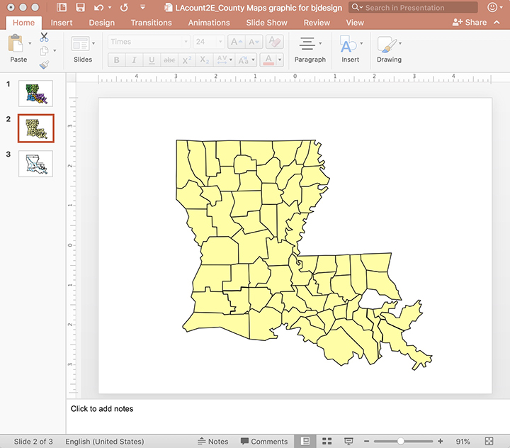 Detailed PowerPoint Louisiana County Map, Individual Counties. Easy to Edit and Customize