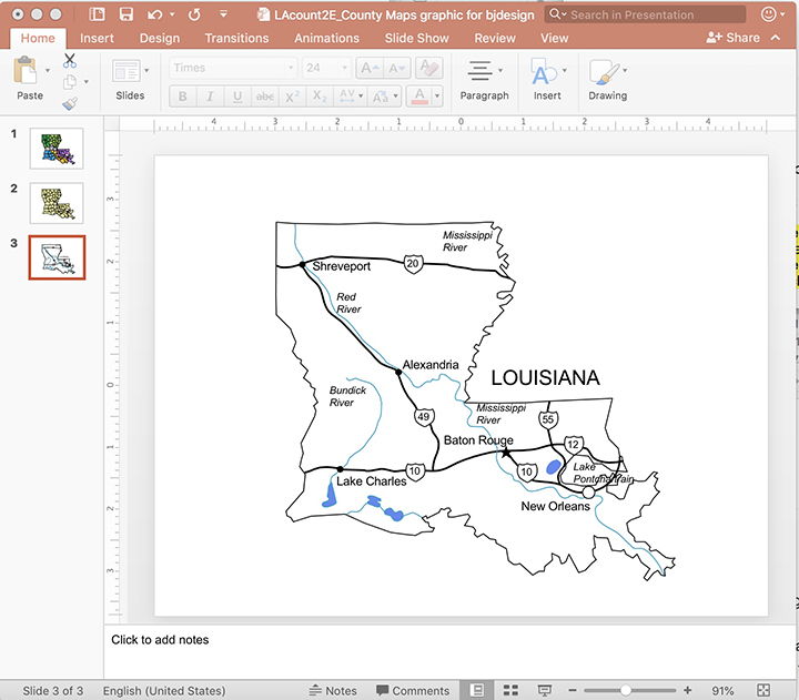 Detailed PowerPoint Louisiana County Map, Includes major cities, highways and waterways. Easy to Edit and Customize