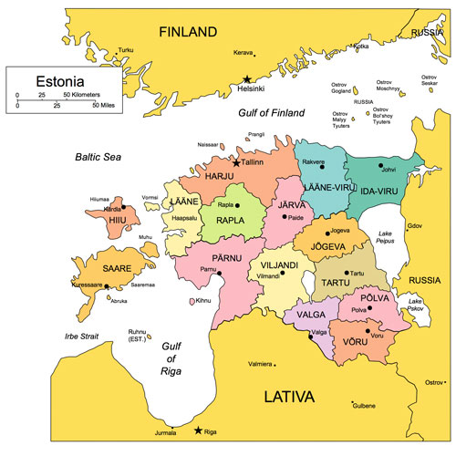 Estonia Country Map, Administrative Districts, Capitals. Names. Edit with PowerPoint or Adobe Illustrator, includes a JPG version