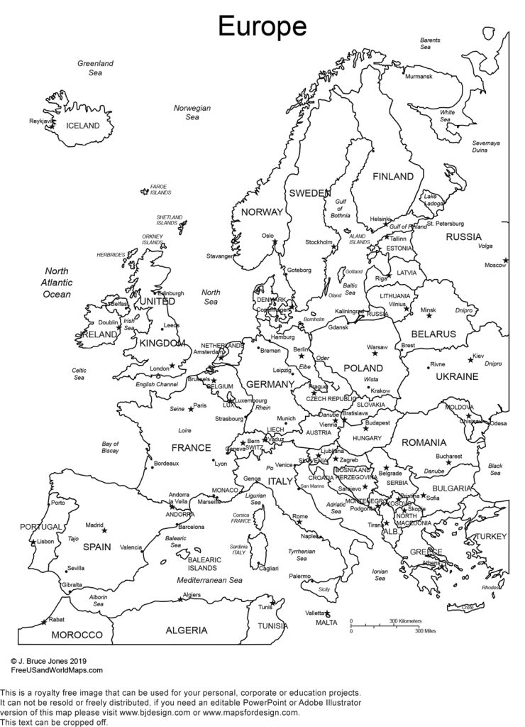 Europe World Regions Printable Blank Map with text names for countries, capitasl, and major cities, jpg format, This map can be downloaded and printed out to make an 8.5 x 11 blank Europe map. Maps includes France, England, Germany, Spain, Switzerland, Norway, Sweden, Finland, Italy, Greece, Austria, Portugal, Denmark, Netherlands, Poland, Ireland and more. Royalty Free.