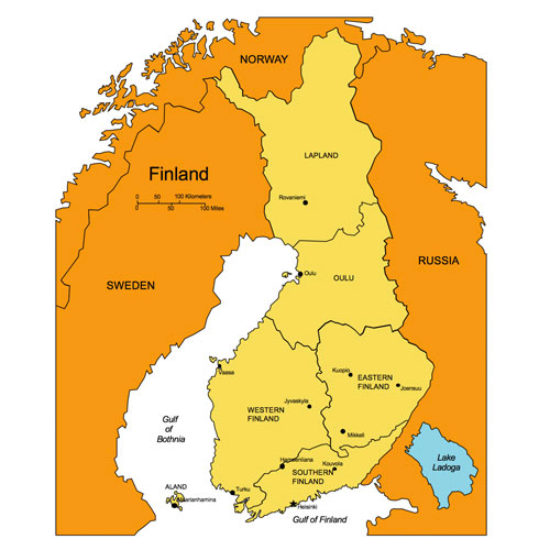 Finland Country Map, Administrative Districts, Capitals. Names. Edit with PowerPoint or Adobe Illustrator, includes a JPG version