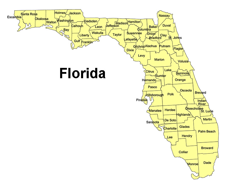 Florida, County Map with county names, jpg format.