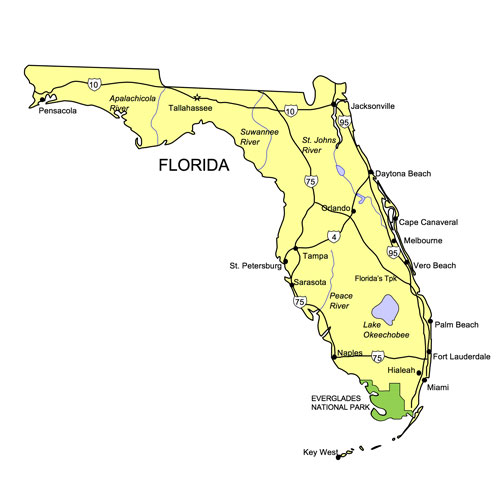 Florida US State PowerPoint Map, Highways, Waterways, Capital and Major Cities