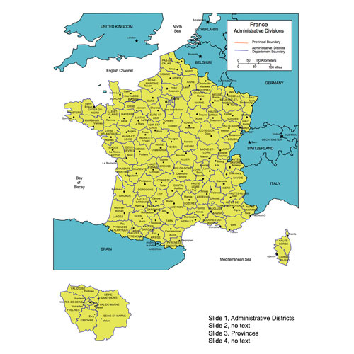 France Country Map, Administrative Districts, Capitals. Names. Edit with PowerPoint or Adobe Illustrator, includes a JPG version