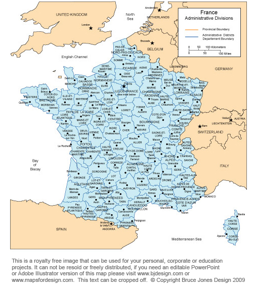 Royalty Free, Printable, France Map with Administrative Districes, names, city names, surrounding countries, Italy, Spain, Germay, Belgium and the UK, jpg format. Capital is Paris.