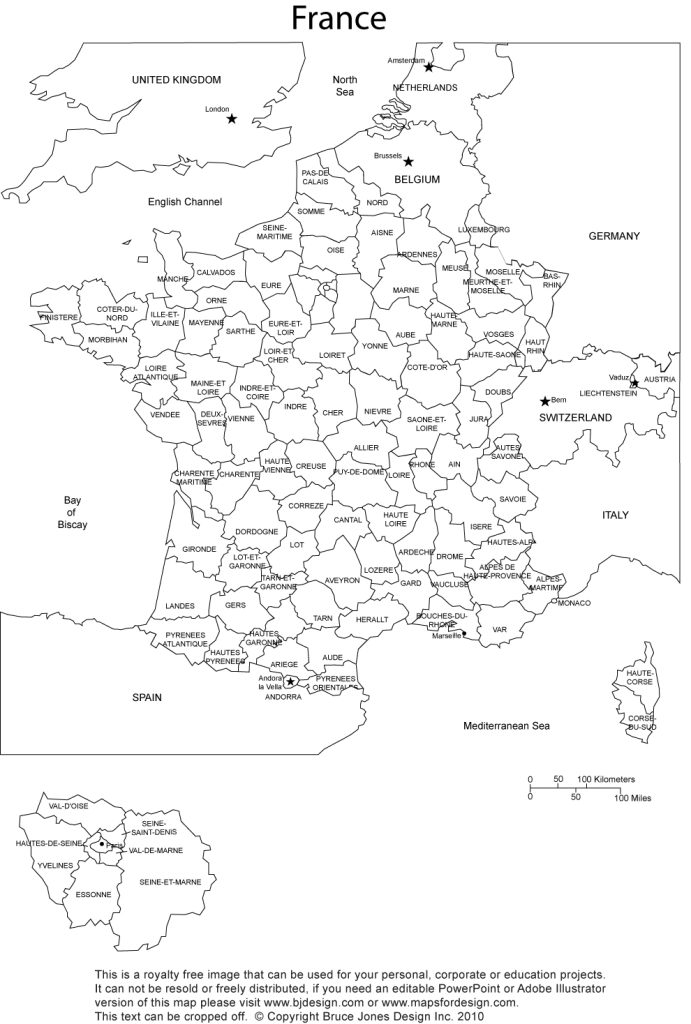 Royalty Free, Printable, Blank, France Map with administrative district borders, names and surrounding countries, jpg format. Surrounding countries include Germany, Spain, Switzerland, Belgium and the UK. This map can be printed out to make an 8.5 x 11 printable map.