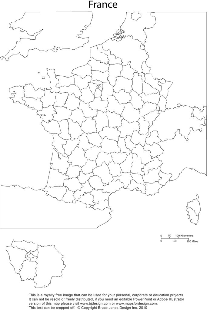 Royalty Free, Printable, Blank, France Map with administrative district borders, and surrounding countries, jpg format. Surrounding countries include Germany, Spain, Switzerland, Belgium and the United Kingdom, Great Britain. This map can be printed out to make an 8.5 x 11 printable map.