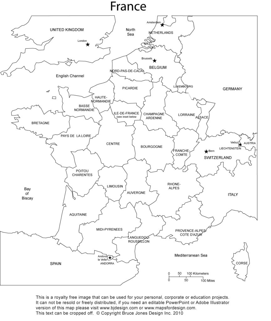 Royalty Free, Printable, France Map with Provinces and names, jpg format. Capital is Paris. Surrounding countries include Germany, Spain, Switzerland, Belgium and the United Kingdom, Great Britain. This map can be printed out to make an 8.5 x 11 printable map.