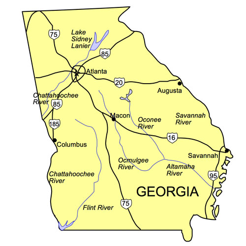 Georgia US State PowerPoint Map, Highways, Waterways, Capital and Major Cities