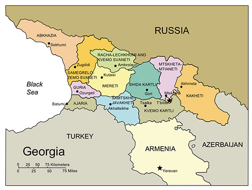 Georgia, Country Map, Administrative Districts, Capitals, Names. Edit with PowerPoint or Adobe Illustrator, plus JPG format