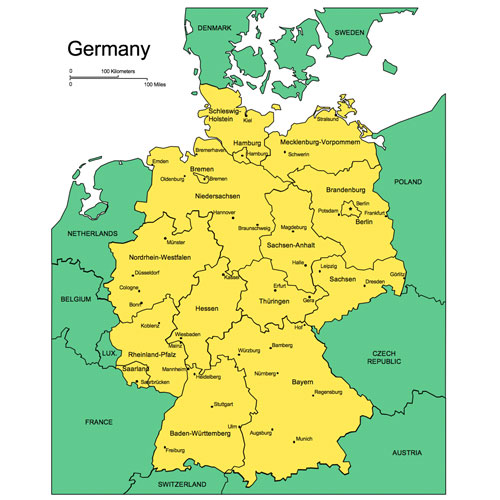 Germany Country Map, Administrative Districts, Capitals. Names. Edit with PowerPoint or Adobe Illustrator, includes a JPG version