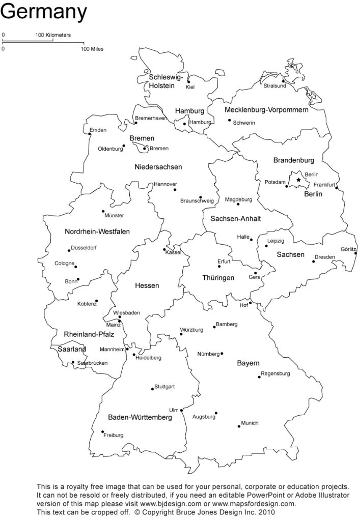 Royalty Free, Printable, Blank, Germany Map with administrative district borders and names, jpg format.This map can be printed out to make an 8.5 x 11 printable map. Capital is Berlin, Oktoberfest is one of the big holidays in Germany, Bavaria