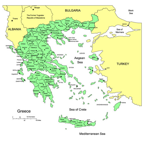 Greece Country Map, Administrative Districts, Capitals. Names. Edit with PowerPoint or Adobe Illustrator, includes a JPG version