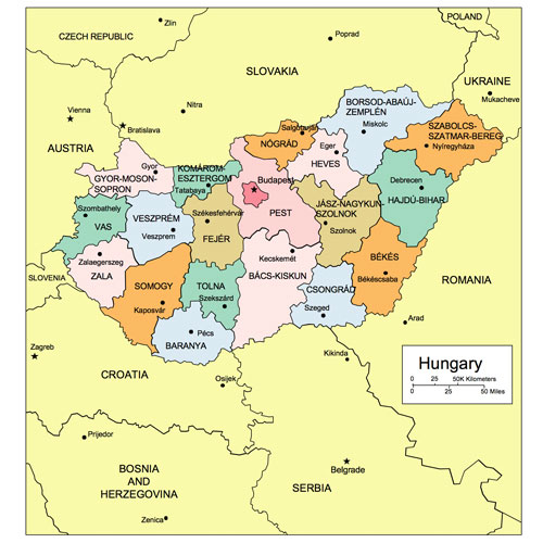 Hungary Country Map, Administrative Districts, Capitals. Names. Edit with PowerPoint or Adobe Illustrator, includes a JPG version