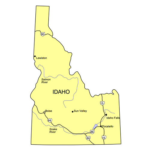 Idaho US State PowerPoint Map, Highways, Waterways, Capital and Major Cities