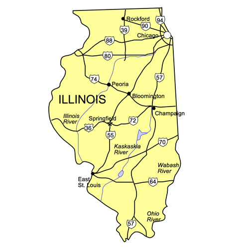 Illinois US State PowerPoint Map, Highways, Waterways, Capital and Major Cities