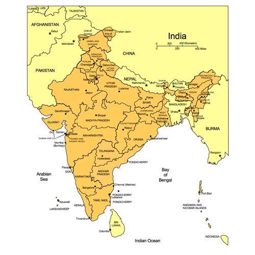 India, Country Map, Administrative Districts, Capitals, Names. Edit with PowerPoint or Adobe Illustrator, plus JPG format