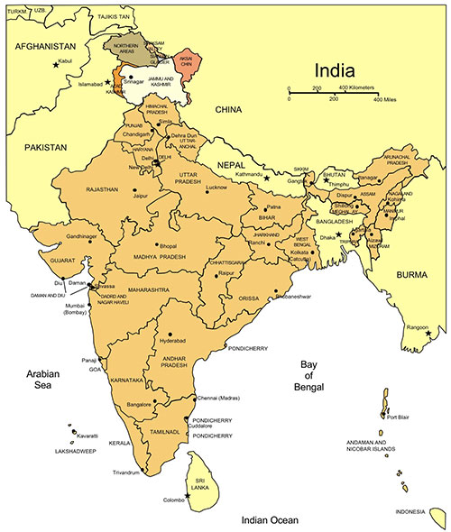 India and Kashmir, Country Map, Administrative Districts, Capitals, Names. Edit with PowerPoint or Adobe Illustrator, plus JPG format