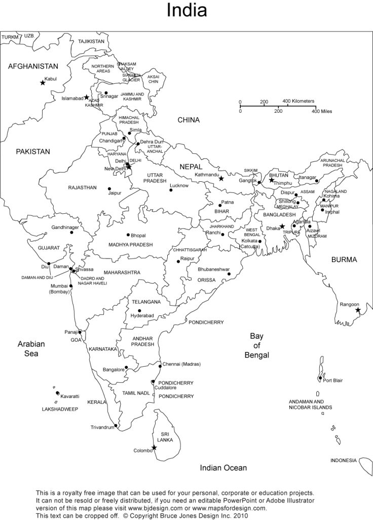 Royalty Free, Printable, Blank, India Map, with administrative districts and names. Includes surrounding countries, Burma, China, Pakistan, Afghanistan, Sri Lanka, jpg format. This map can be printed out to make an 8.5 x 11 printable map.