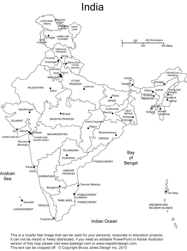 Royalty Free, Printable, Blank, India Map, with administrative districts and names. jpg format. This map can be printed out to make an 8.5 x 11 printable map. This map has the the potential splitting of Andhar Pradesh into two parts, includes Telangana.