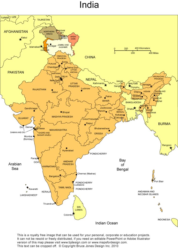 Royalty Free, Printable, Blank, Color, India Map, with administrative districts and names. jpg format. This map can be printed out to make an 8.5 x 11 printable map. This map has the potential splitting of Andhar Pradesh into two parts, includes Telangana.
