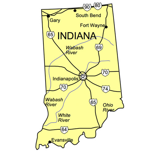 Indiana US State PowerPoint Map, Highways, Waterways, Capital and Major Cities