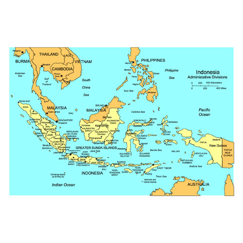 Indonesia, Country Map, Administrative Districts, Capitals, Names. Edit with PowerPoint or Adobe Illustrator, plus JPG format
