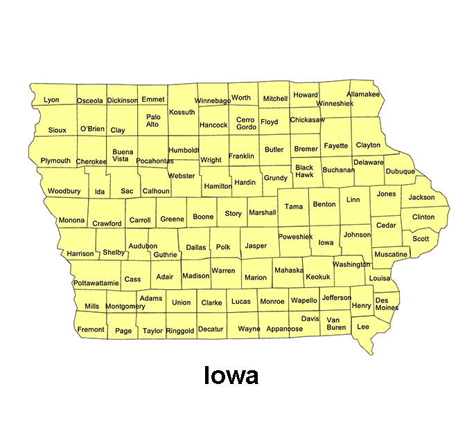 Iowa State County Map, with names, printable, royalty-free, jpg format.