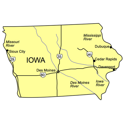 Iowa US State PowerPoint Map, Highways, Waterways, Capital and Major Cities