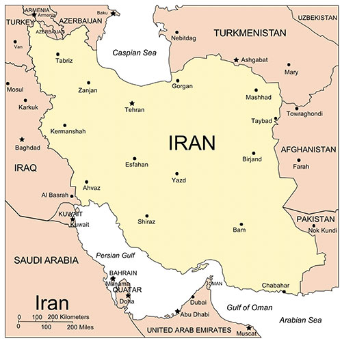 Iran Country Map, Capitals. Names. Edit with PowerPoint or Adobe Illustrator, includes a JPG version