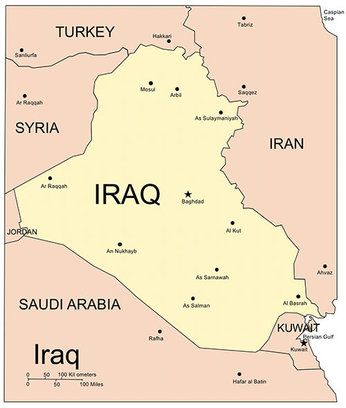 Iraq Country Map, Capitals. Names. Edit with PowerPoint or Adobe Illustrator, includes a JPG version