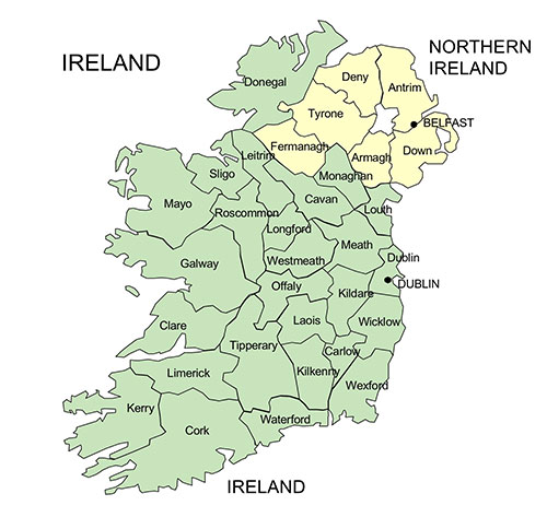 Ireland, and Northern Ireland Counties, names, counties, Capitals, Edit with PowerPoint or Adobe Illustrator, plus JPG format