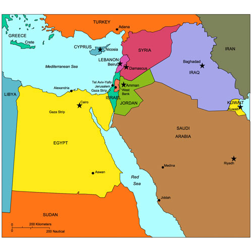 Israel and Middle East Regional Clip Art Map, Countries, Names. Editable in PowerPoint and Adobe Illustrator, Plus JPG Format