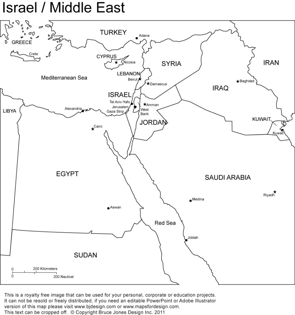 Israel and Middle East Regions Printable Blank Map, country borders and names, jpg format, This map can be printed out to make an 8.5 x 11 blank map. Includes Israel, Egypt, Jordan, Syria, Iraq, Lebanon, the State of Palestine, Sudan, Iran, Kuwait, Cyprus, and Saudi Arabia. Royalty-Free.