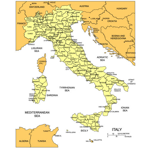 Italy Country Map, Administrative Districts, Capitals. Names. Edit with PowerPoint or Adobe Illustrator, includes a JPG version