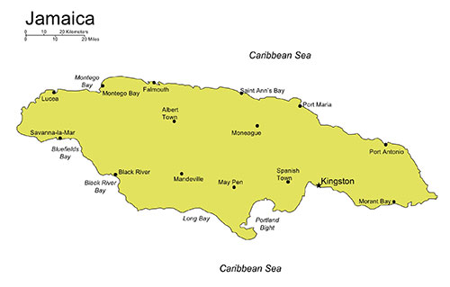 Jamaica, Country Map, Island, Capital City, Names. Editable in PowerPoint and Adobe Illustrator, plus JPG