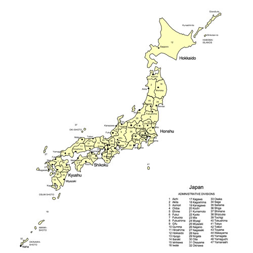 Japan, Country Map, Administrative Districts, Capitals, Names. Edit with PowerPoint or Adobe Illustrator, plus JPG format