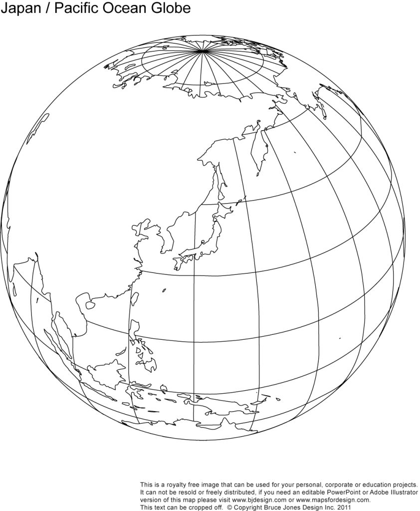 Printable Japan, Pacific Ocean, Globe Blank Map, jpg format. This map can be printed out to make an 8.5 x 11 map. Shows Japan, Pacific Ocean, Indonesia, Philippines, South East Asia, China, Australia, New Guinea.