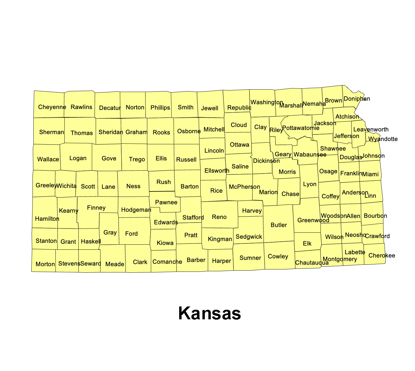 Kansas State County Map, with names, printable, royalty-free, jpg format.