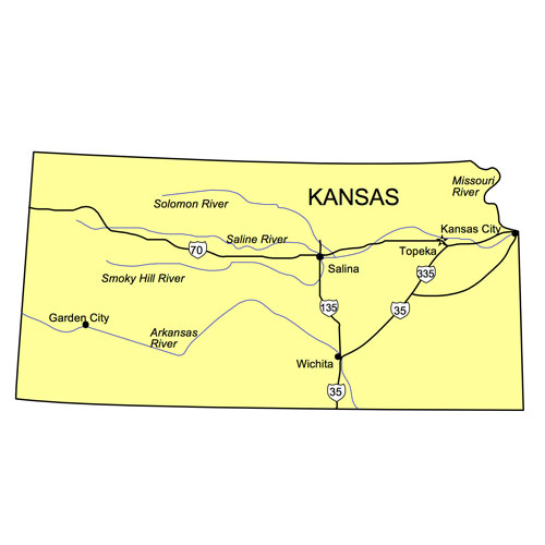 Kansas US State PowerPoint Map, Highways, Waterways, Capital and Major Cities