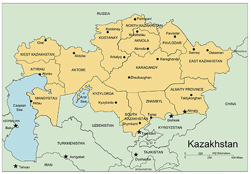Kazakhstan, Country Map, Administrative Districts, Capitals, Names. Edit with PowerPoint or Adobe Illustrator, plus JPG format