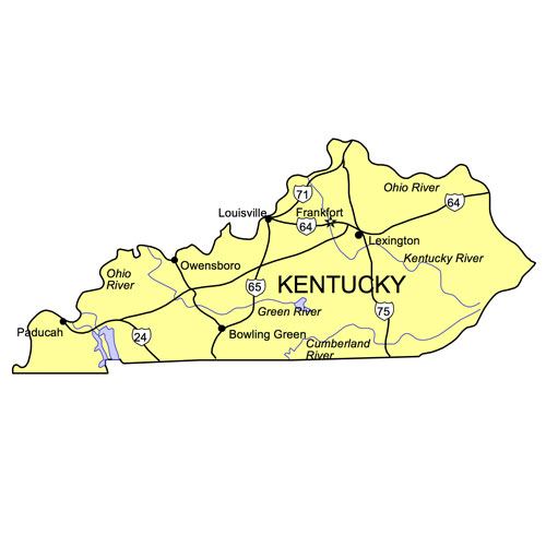 Kentucky US State PowerPoint Map, Highways, Waterways, Capital and Major Cities