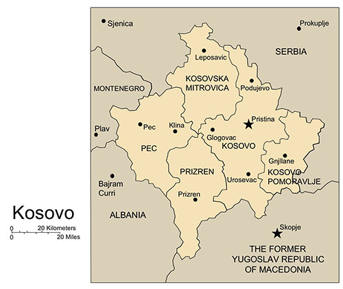 Kosovo Country Map, Administrative Districts, Capitals. Names. Edit with PowerPoint or Adobe Illustrator, includes a JPG version